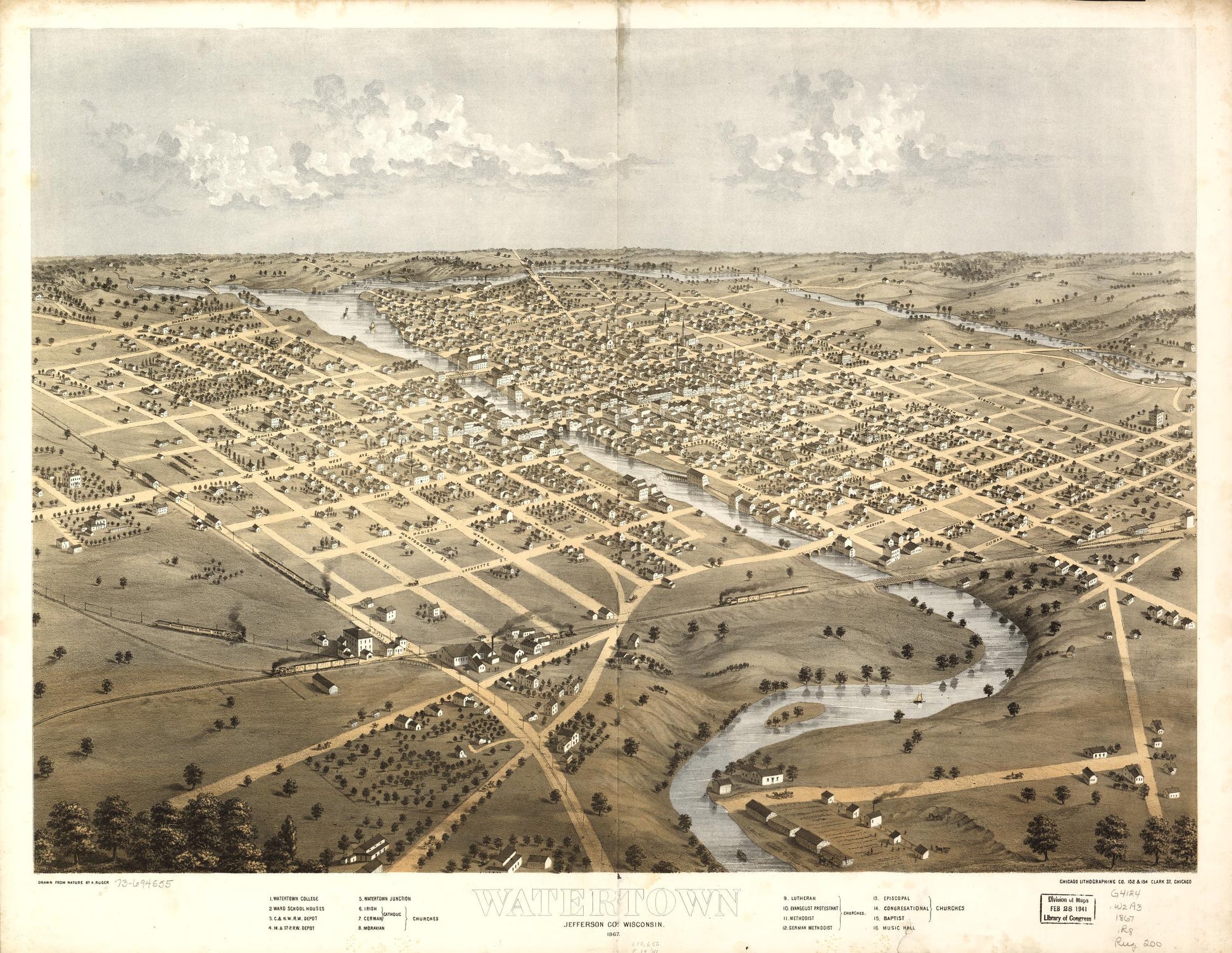 Watertown, Jefferson Co., Wisconsin 1867. (1867) – Historic Bird’s-Eye View Panorama Print