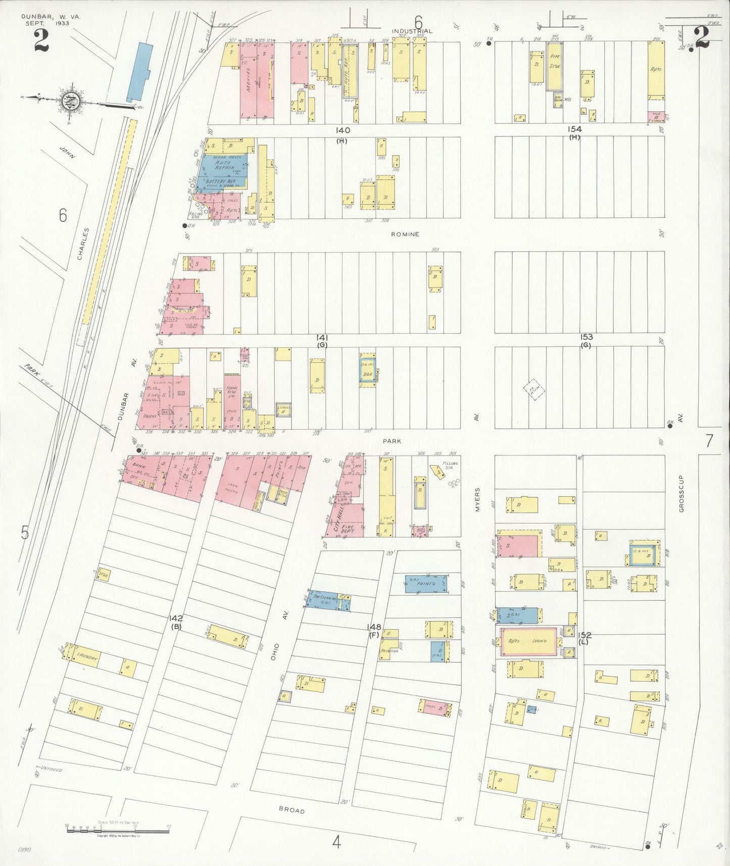 Sanborn Fire Insurance Map from Dunbar, Kanawha County, West Virginia (1933), Sheet #0002 - Complete Map Set gallery image, historic Sanborn map, vintage wall art, West Virginia West Virginia