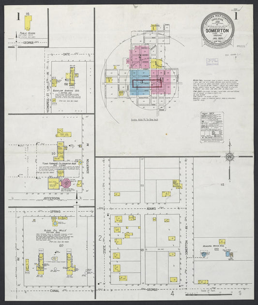 Sanborn Fire Insurance Map from Somerton, Yuma County, Arizona (1926), Sheet #0001 - Complete Map Set gallery image, historic Sanborn map, vintage wall art, Arizona Arizona