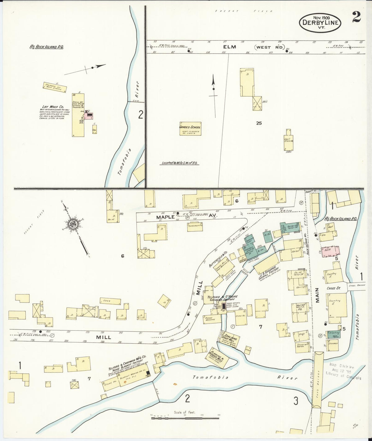 Sanborn Fire Insurance Map from Derby Line, Orleans County, Vermont (1909), Sheet #0002 - Historic Sanborn Fire Insurance Map Print, vintage old map wall art, antique decor, genealogy gift, Vermont Vermont map