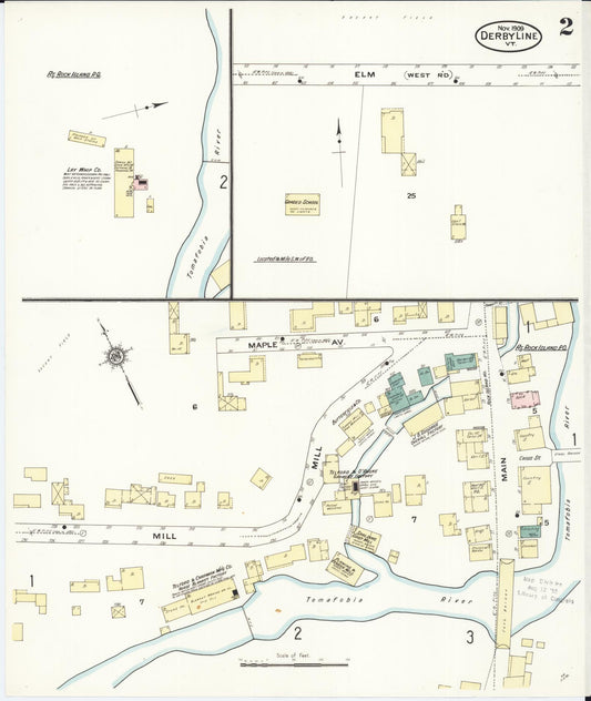 Sanborn Fire Insurance Map from Derby Line, Orleans County, Vermont (1909), Sheet #0002 - Historic Sanborn Fire Insurance Map Print, vintage old map wall art, antique decor, genealogy gift, Vermont Vermont map