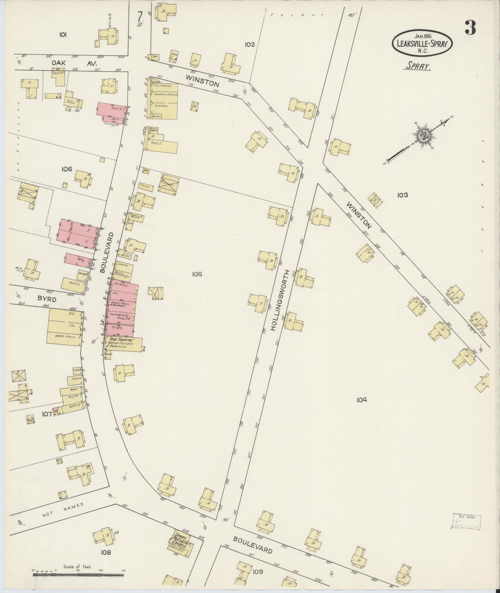 Sanborn Fire Insurance Map from Leaksville-spray, Rockingham County, North Carolina (1915), Sheet #0003 - Complete Map Set gallery image, historic Sanborn map, vintage wall art, North Carolina North Carolina