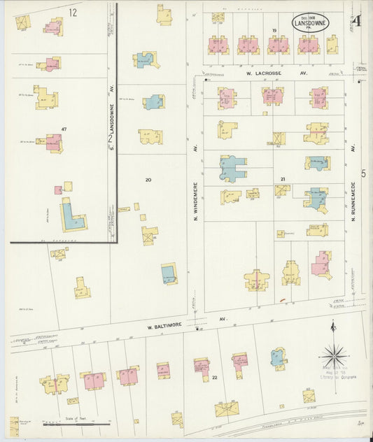 Sanborn Fire Insurance Map from Lansdowne, Delaware County, Pennsylvania (1908), Sheet #0004 - Historic Sanborn Fire Insurance Map Print, vintage old map wall art, antique decor, genealogy gift, Lansdowne Delaware map