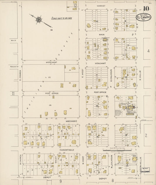 Sanborn Fire Insurance Map from El Campo, Wharton County, Texas (1922), Sheet #0010 - Historic Sanborn Fire Insurance Map Print, vintage old map wall art, antique decor, genealogy gift, Texas Texas map