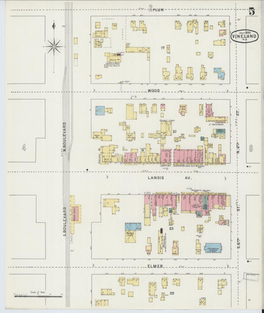 Sanborn Fire Insurance Map from Vineland, Cumberland County, New Jersey (1895), Sheet #0005 - Historic Sanborn Fire Insurance Map Print, vintage old map wall art, antique decor, genealogy gift, New Jersey New Jersey map