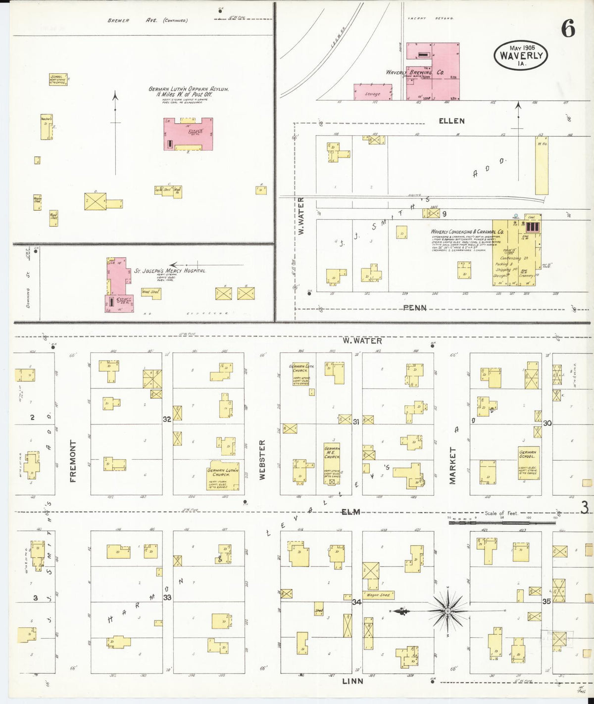 Sanborn Fire Insurance Map from Waverly, Bremer County, Iowa (1905), Sheet #0006 - Historic Sanborn Fire Insurance Map Print, vintage old map wall art