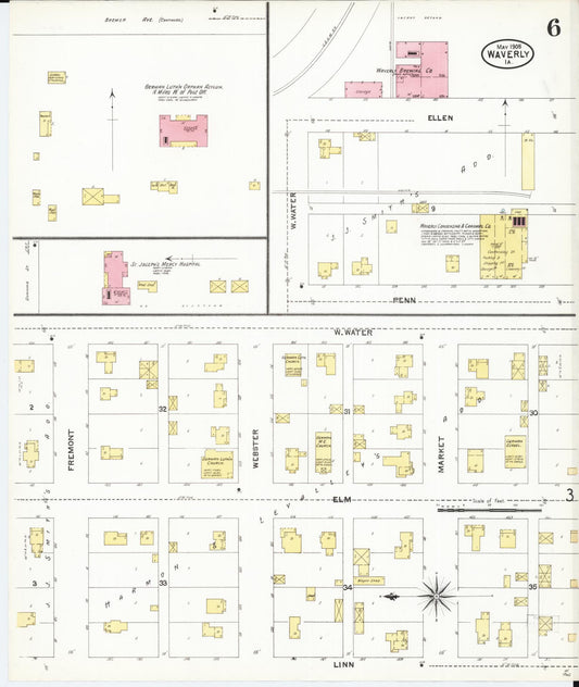 Sanborn Fire Insurance Map from Waverly, Bremer County, Iowa (1905), Sheet #0006 - Historic Sanborn Fire Insurance Map Print, vintage old map wall art