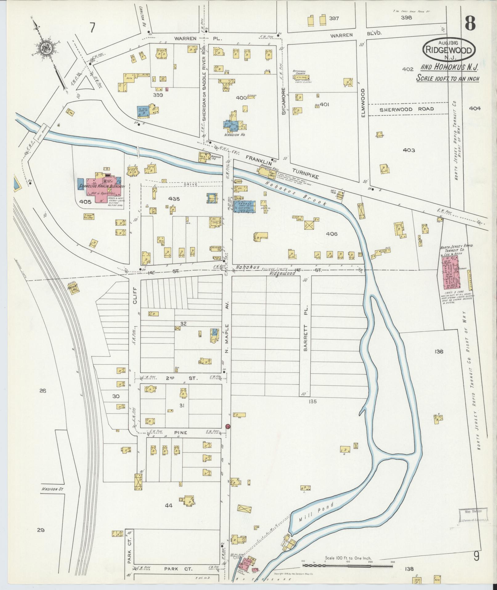 Sanborn Fire Insurance Map from Ridgewood, Bergen County, New Jersey (1916), Sheet #0008 - Complete Map Set gallery image, historic Sanborn map, vintage wall art, New Jersey New Jersey