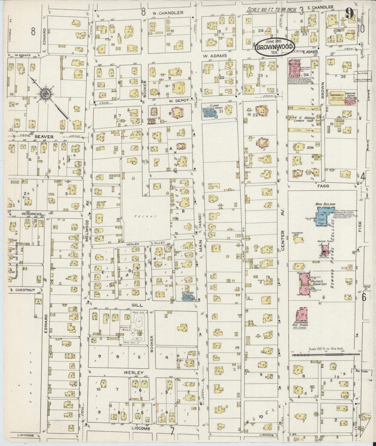 Sanborn Fire Insurance Map from Brownwood, Brown County, Texas (1915), Sheet #0009 - Complete Map Set gallery image, historic Sanborn map, vintage wall art, Texas Texas