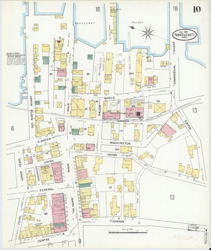 Sanborn Fire Insurance Map from Nantucket, Nantucket County, Massachusetts (1909), Sheet #0010 - Historic Sanborn Fire Insurance Map Print, vintage old map wall art, antique decor, genealogy gift, Massachusetts Massachusetts map