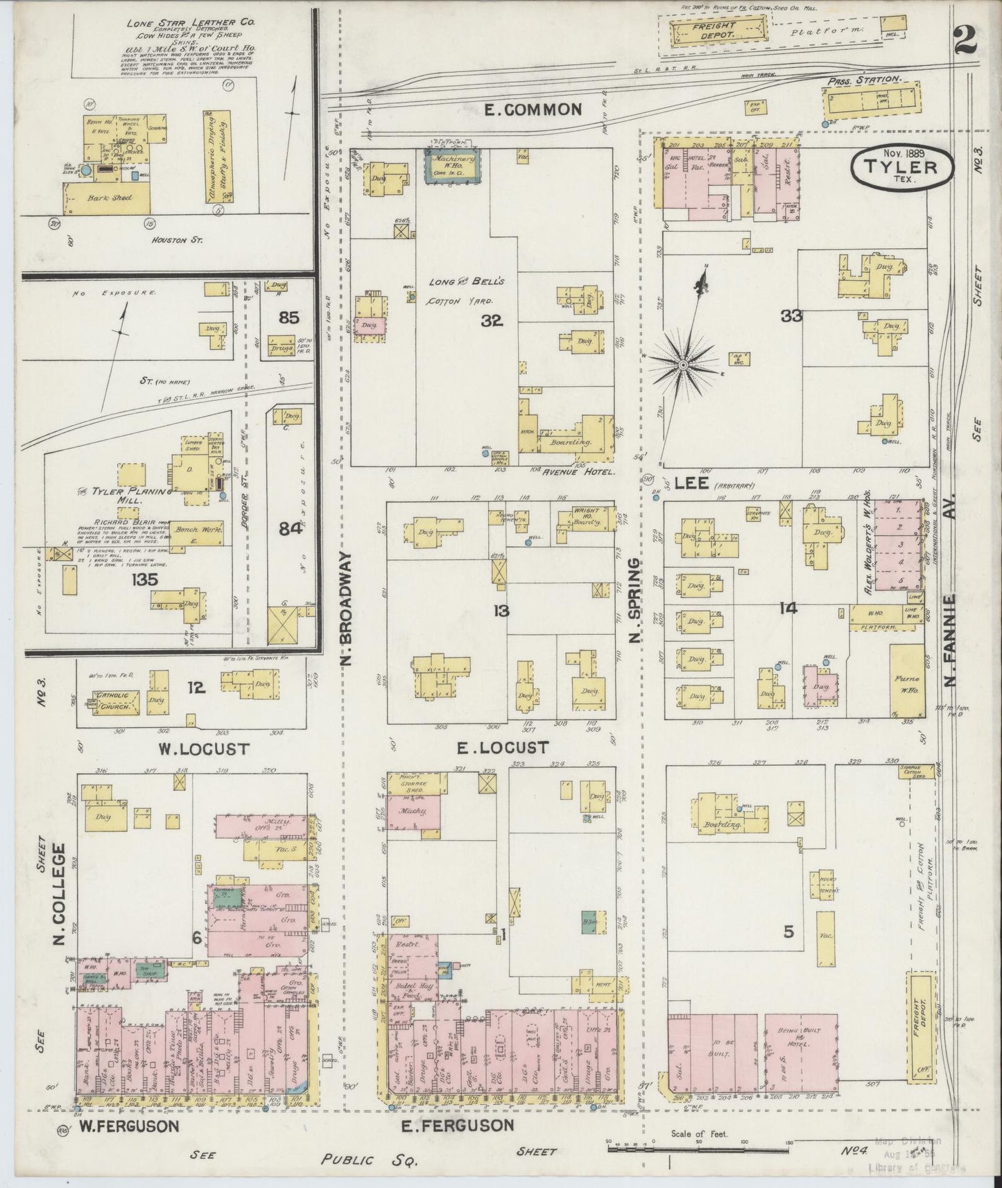 Sanborn Fire Insurance Map from Tyler, Smith County, Texas (1889), Sheet #0002 - Complete Map Set gallery image, historic Sanborn map, vintage wall art, Texas Texas