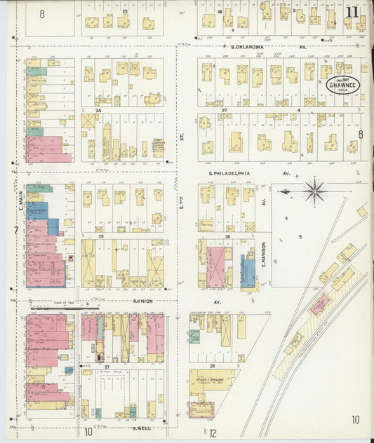 Sanborn Fire Insurance Map from Shawnee, Pottawatomie County, Oklahoma (1907), Sheet #0011 - Historic Sanborn Fire Insurance Map Print, vintage old map wall art, antique decor, genealogy gift, Oklahoma Oklahoma map