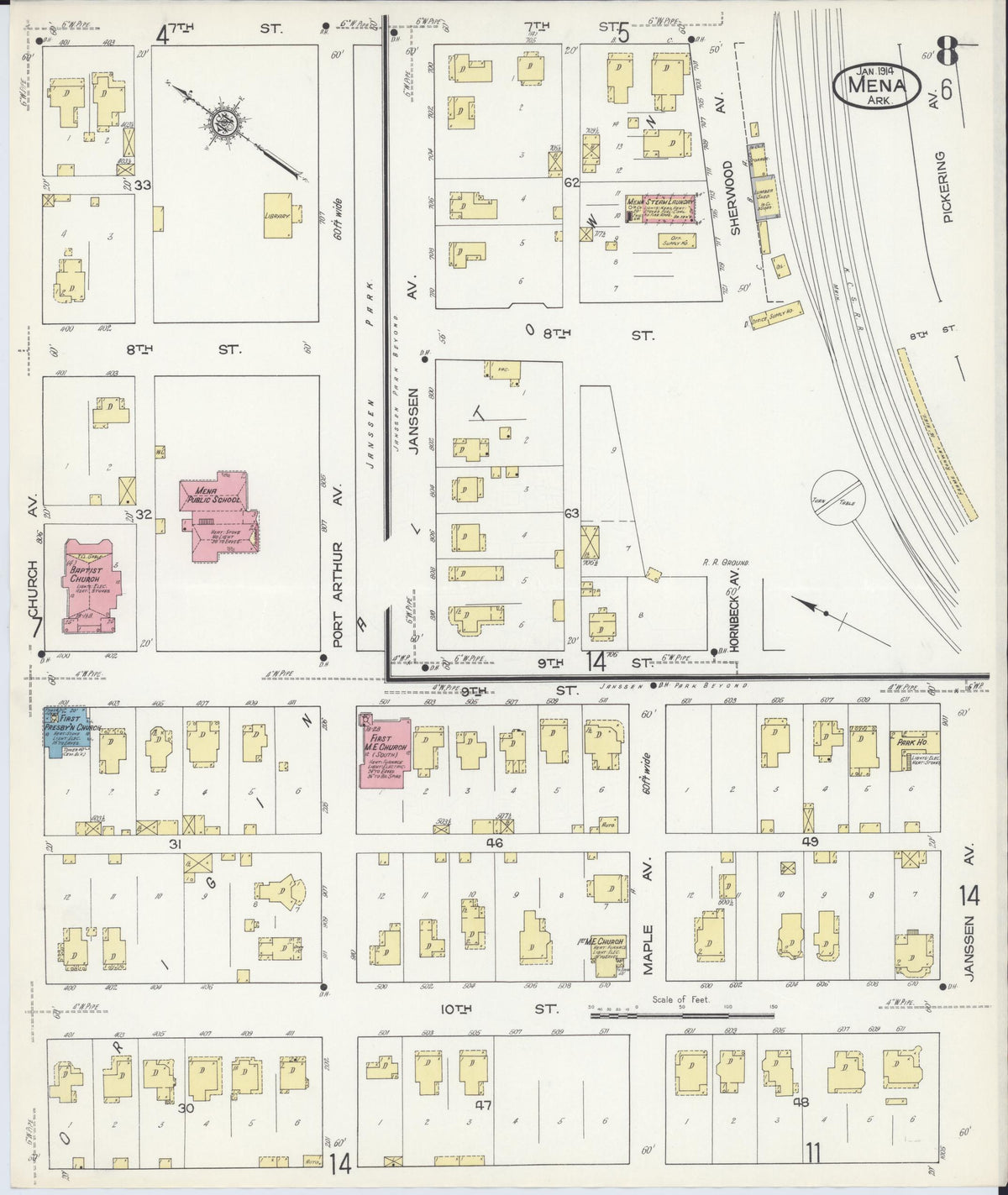 Sanborn Fire Insurance Map from Mena, Polk County, Arkansas (1914), Sheet #0008 - Complete Map Set gallery image, historic Sanborn map, vintage wall art, Arkansas Arkansas