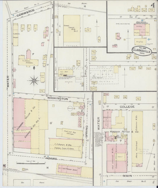 Sanborn Fire Insurance Map from Clarksville, Montgomery County, Tennessee (1888), Sheet #0004 - Historic Sanborn Fire Insurance Map Print, vintage old map wall art, antique decor, genealogy gift, Tennessee Tennessee map
