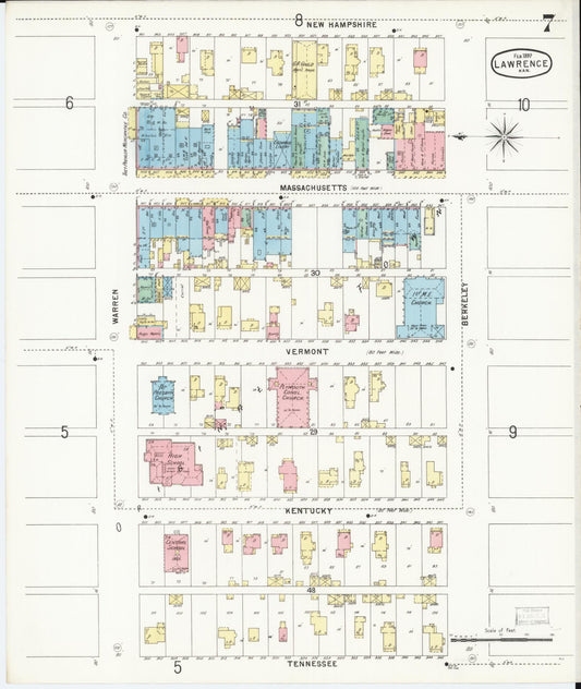 Sanborn Fire Insurance Map from Lawrence, Douglas County, Kansas (1897), Sheet #0007 - Historic Sanborn Fire Insurance Map Print, vintage old map wall art, antique decor, genealogy gift, Kansas Kansas map