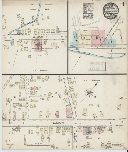 Sanborn Fire Insurance Map from Plymouth, Luzerne County, Pennsylvania (1884), Sheet #0001 - Historic Sanborn Fire Insurance Map Print, vintage old map wall art, antique decor, genealogy gift, Pennsylvania Pennsylvania map