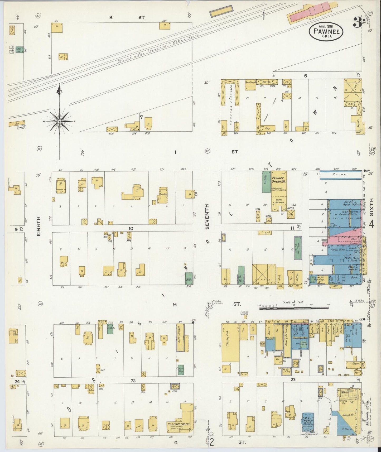 Sanborn Fire Insurance Map from Pawnee, Pawnee County, Oklahoma (1908), Sheet #0003 - Complete Map Set gallery image, historic Sanborn map, vintage wall art, Oklahoma Oklahoma