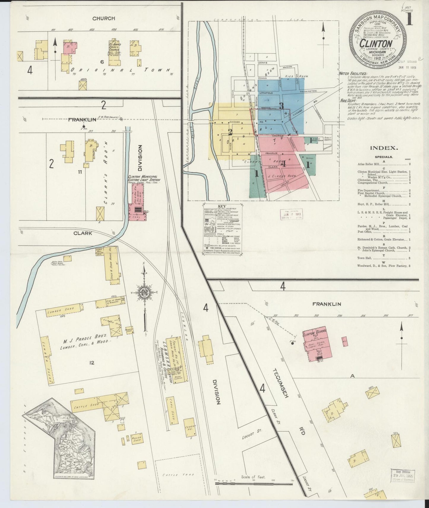 Sanborn Fire Insurance Map from Clinton, Lenawee County, Michigan (1912), Sheet #0001 - Historic Sanborn Fire Insurance Map Print, vintage old map wall art, antique decor, genealogy gift, Michigan Michigan map