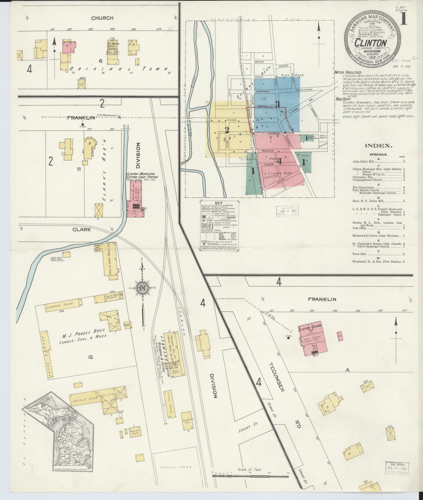 Sanborn Fire Insurance Map from Clinton, Lenawee County, Michigan (1912), Sheet #0001 - Historic Sanborn Fire Insurance Map Print, vintage old map wall art, antique decor, genealogy gift, Michigan Michigan map