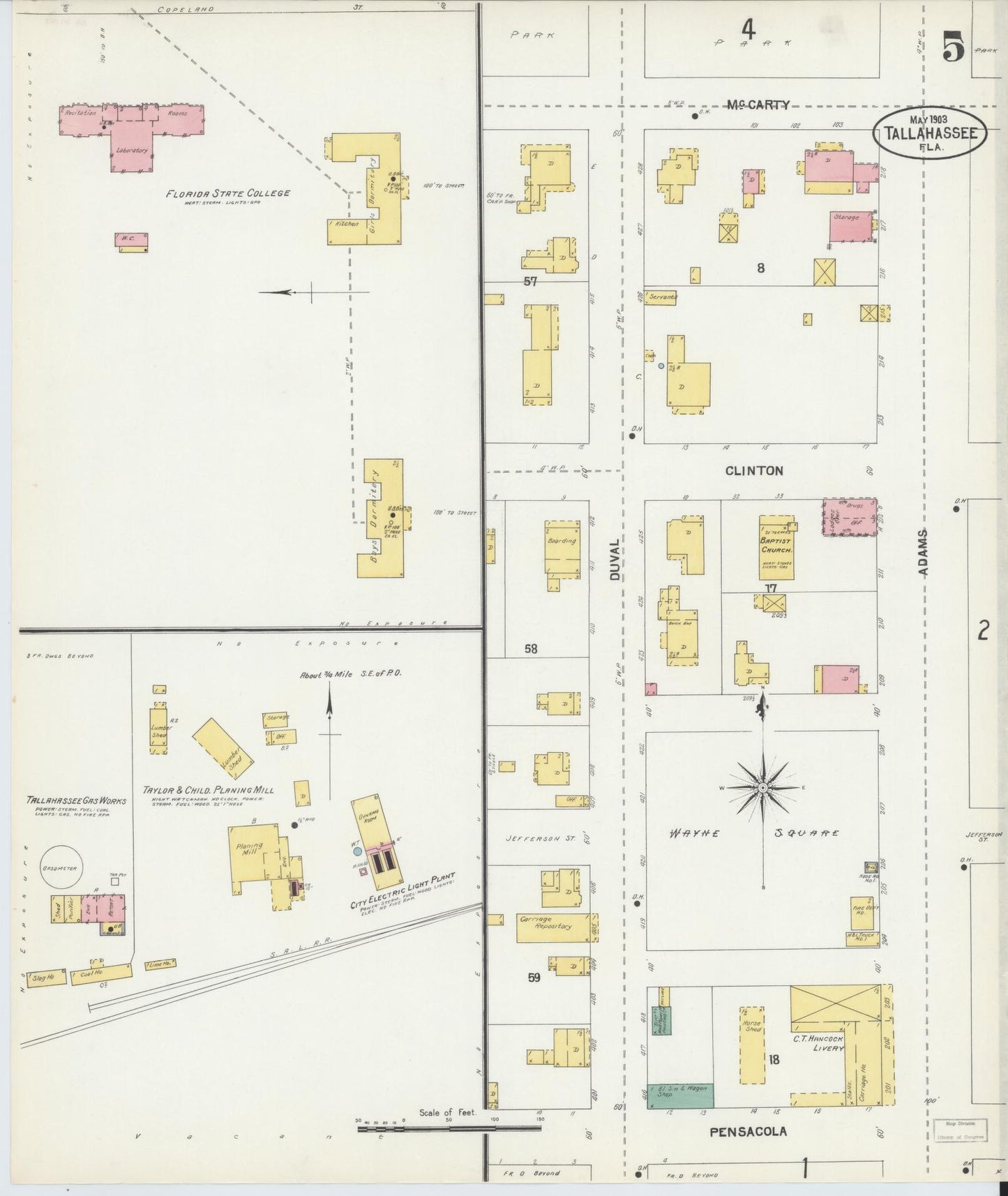 Sanborn Fire Insurance Map from Tallahassee, Leon County, Florida (1903), Sheet #0005 - Historic Sanborn Fire Insurance Map Print, vintage old map wall art, antique decor, genealogy gift, Florida Florida map