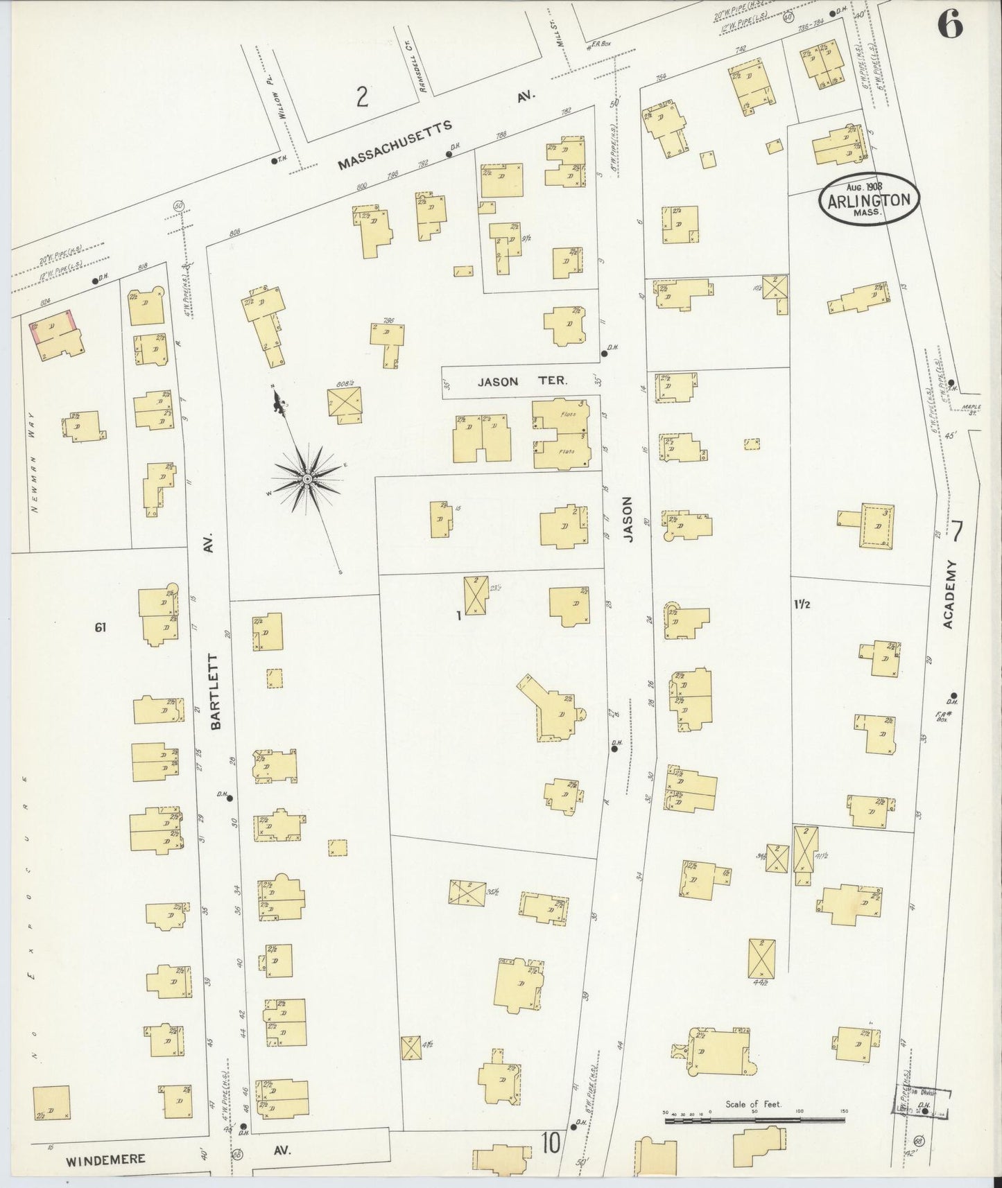 Sanborn Fire Insurance Map from Arlington, Middlesex County, Massachusetts (1908), Sheet #0006 - Complete Map Set gallery image, historic Sanborn map, vintage wall art, Massachusetts Massachusetts