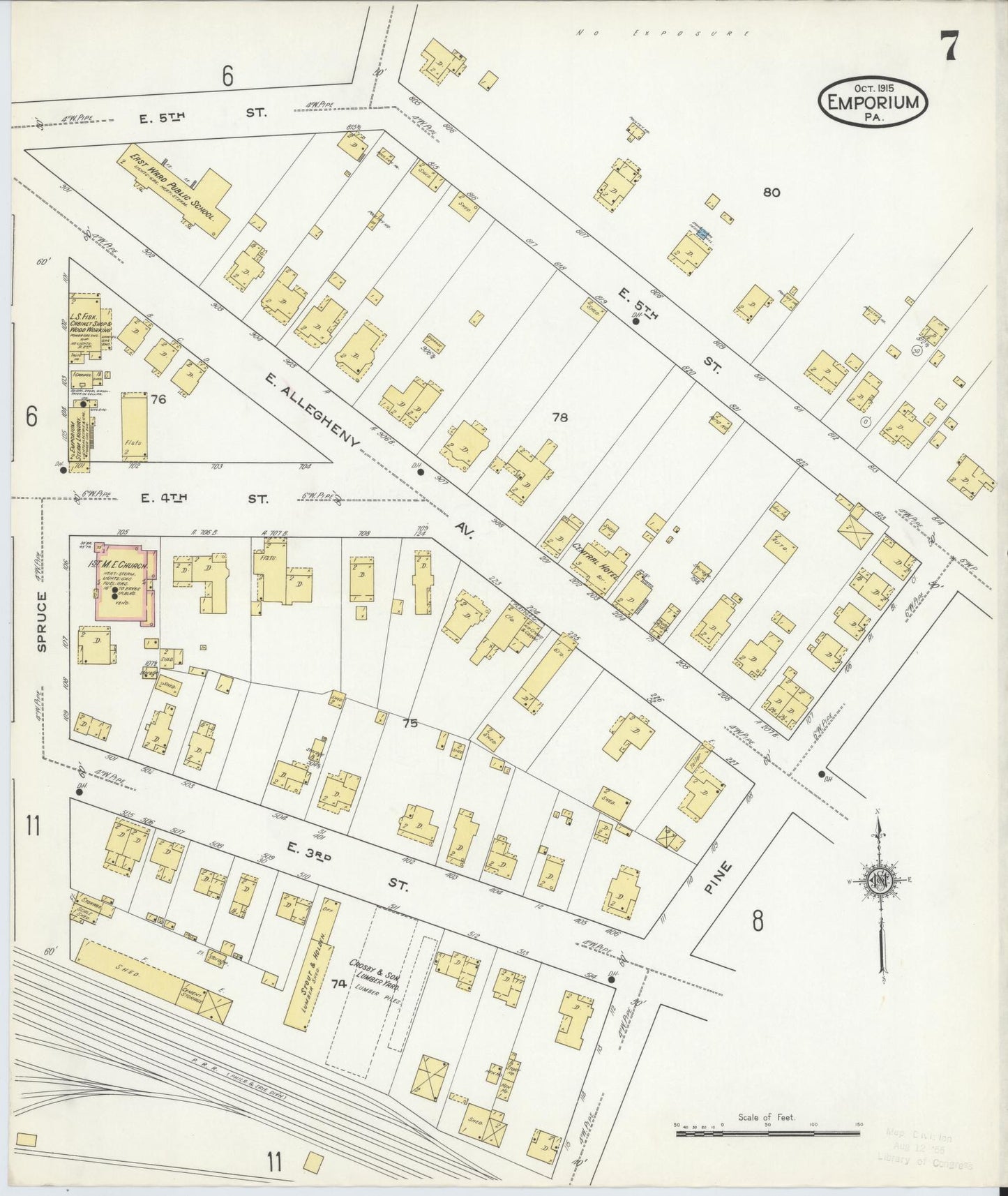 Sanborn Fire Insurance Map from Emporium, Cameron County, Pennsylvania (1915), Sheet #0007 - Historic Sanborn Fire Insurance Map Print, vintage old map wall art, antique decor, genealogy gift, Pennsylvania Pennsylvania map