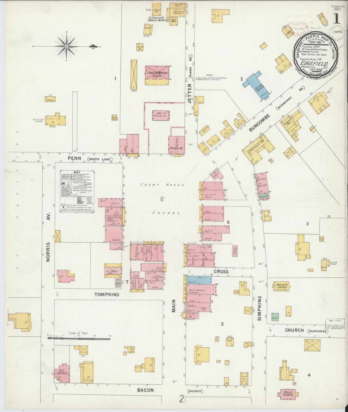Sanborn Fire Insurance Map from Edgefield, Edgefield County, South Carolina (1899), Sheet #0001 - Complete Map Set gallery image, historic Sanborn map, vintage wall art, South Carolina South Carolina
