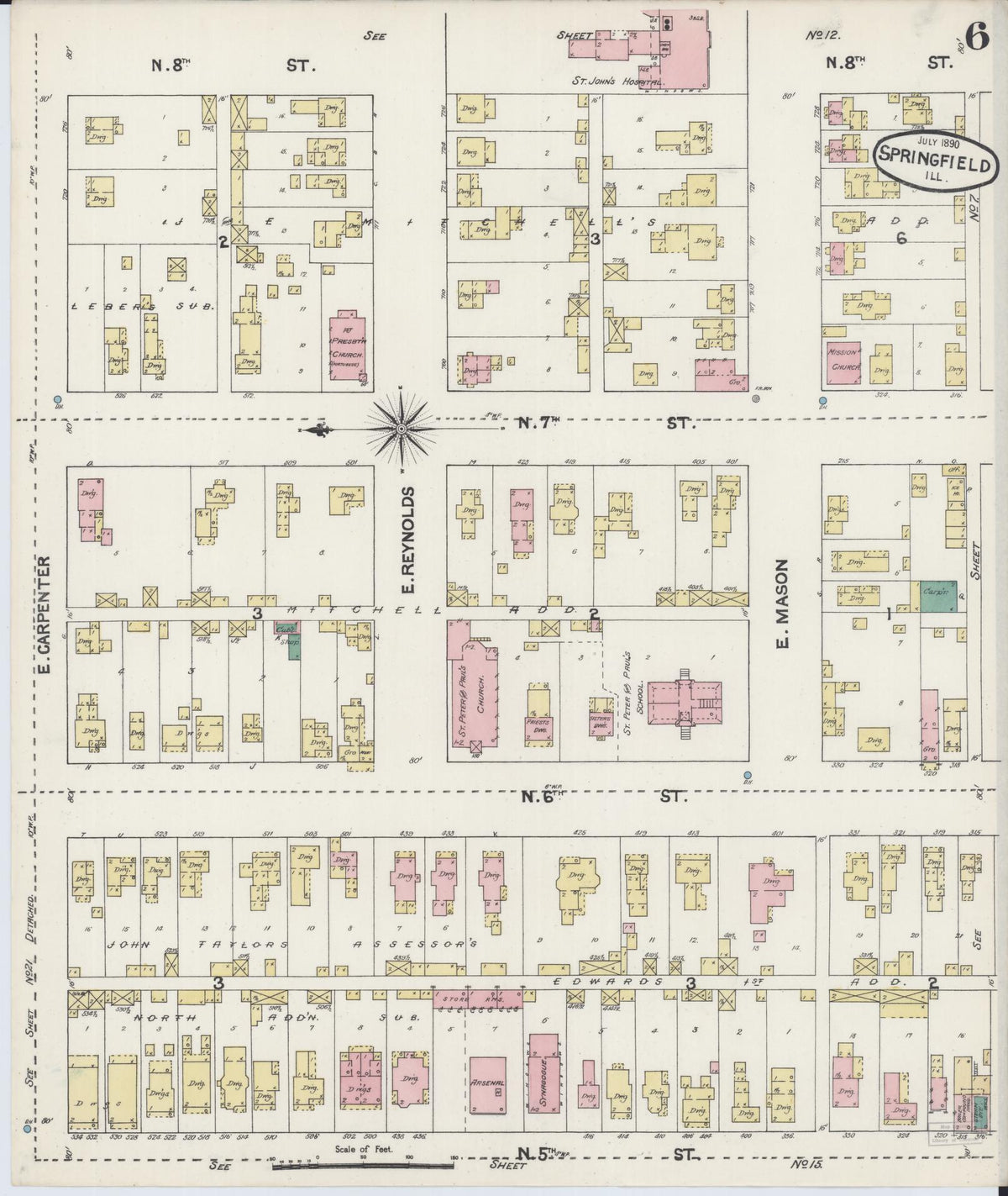 Sanborn Fire Insurance Map from Springfield, Sangamon County, Illinois (1890), Sheet #0006 - Complete Map Set gallery image, historic Sanborn map, vintage wall art, Illinois Illinois
