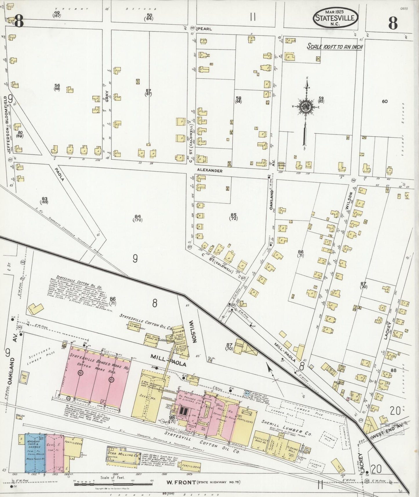 Sanborn Fire Insurance Map from Statesville, Iredell County, North Carolina (1925), Sheet #0008 - Complete Map Set gallery image, historic Sanborn map, vintage wall art, North Carolina North Carolina