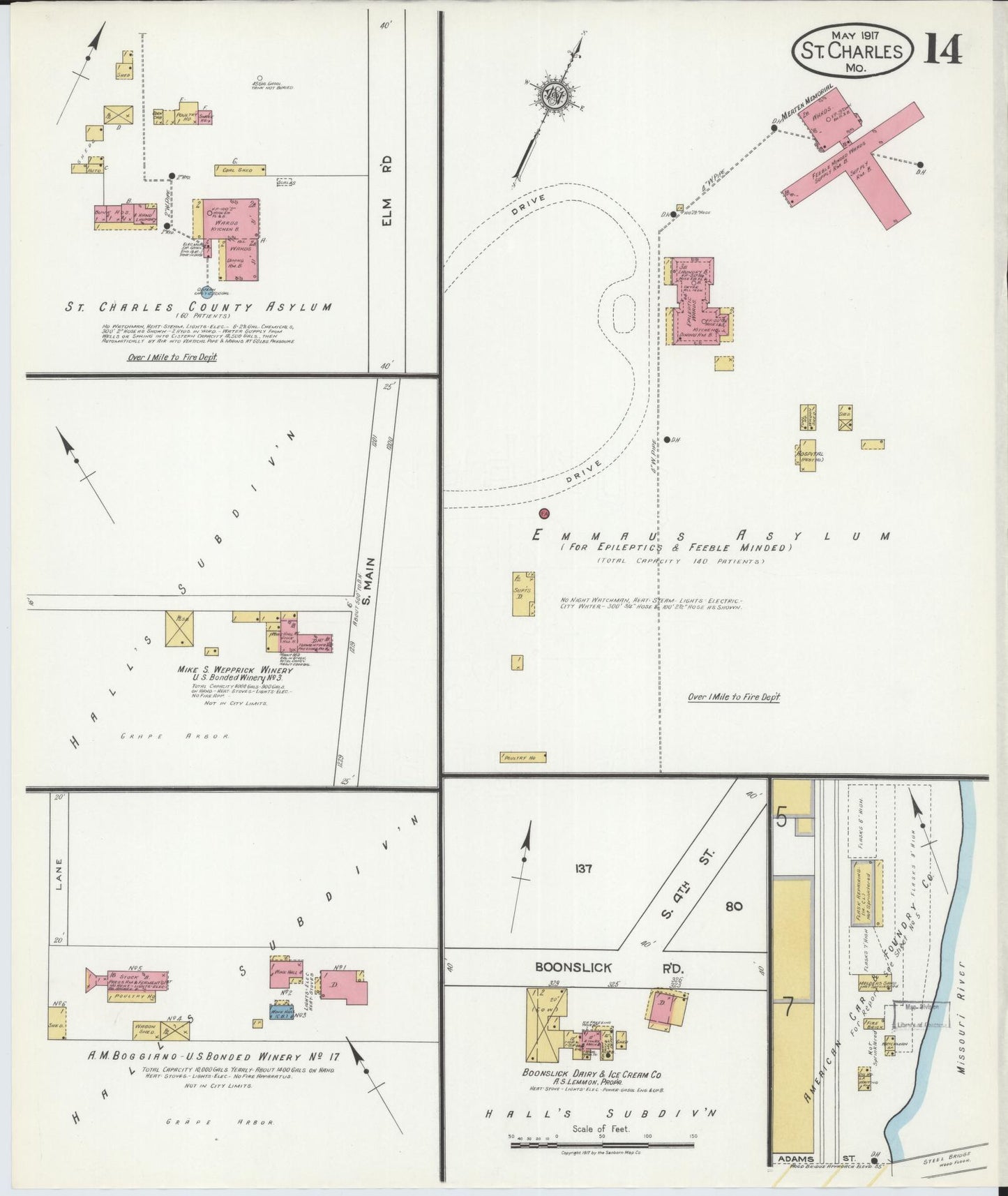 Sanborn Fire Insurance Map from Saint Charles, Saint Charles County, Missouri (1917), Sheet #0014 - Historic Sanborn Fire Insurance Map Print, vintage old map wall art, antique decor, genealogy gift, Missouri Missouri map