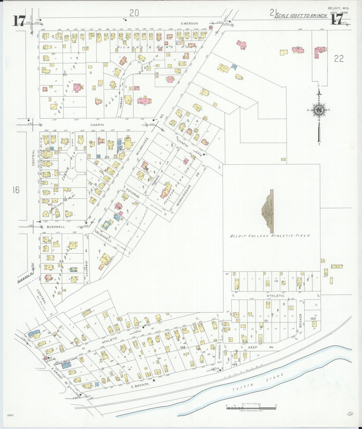 Sanborn Fire Insurance Map from Beloit, Rock County, Wisconsin (1939), Sheet #0017 - Historic Sanborn Fire Insurance Map Print, vintage old map wall art, antique decor, genealogy gift, Wisconsin Wisconsin map