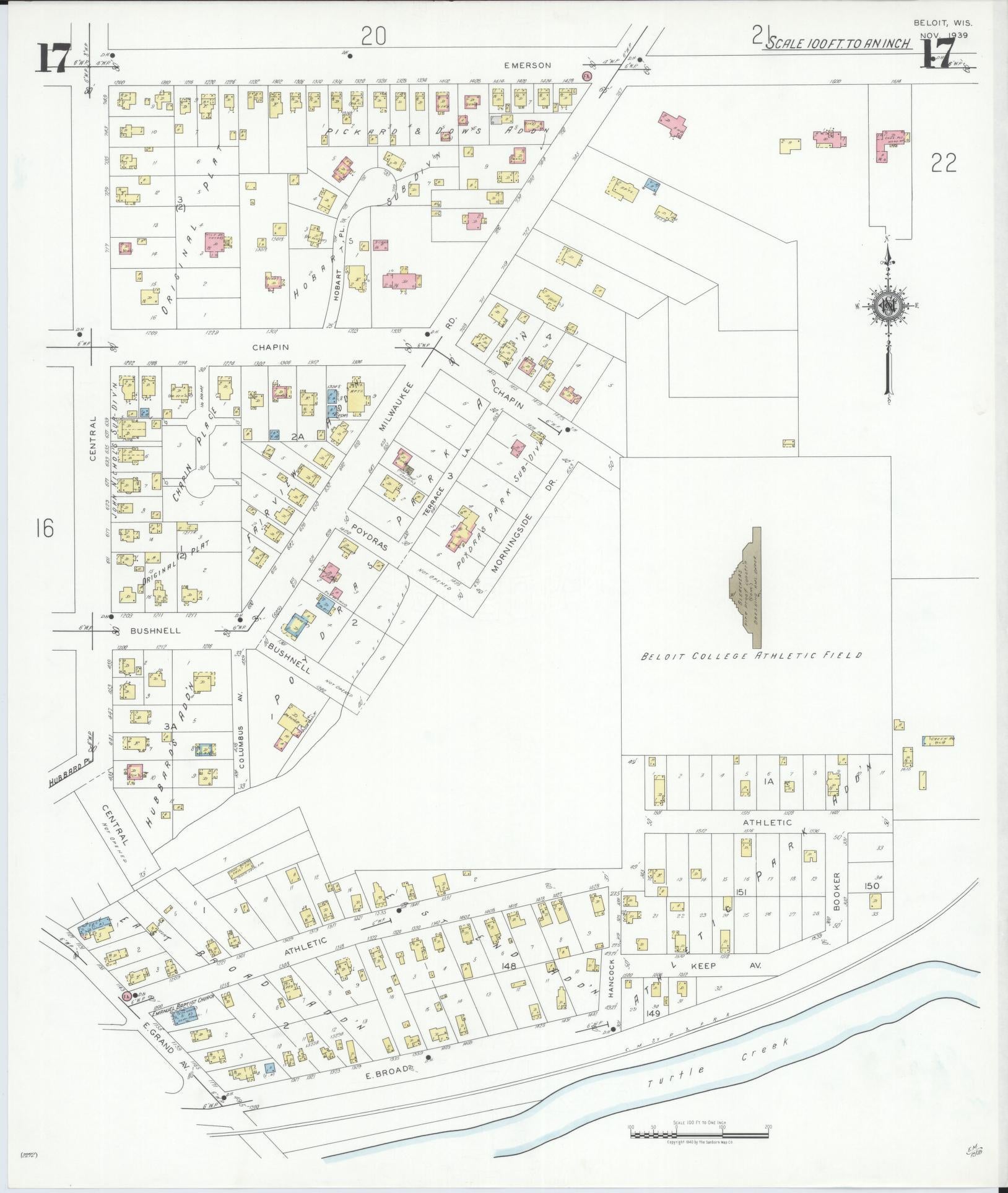 Sanborn Fire Insurance Map from Beloit, Rock County, Wisconsin (1939), Sheet #0017 - Historic Sanborn Fire Insurance Map Print, vintage old map wall art, antique decor, genealogy gift, Wisconsin Wisconsin map