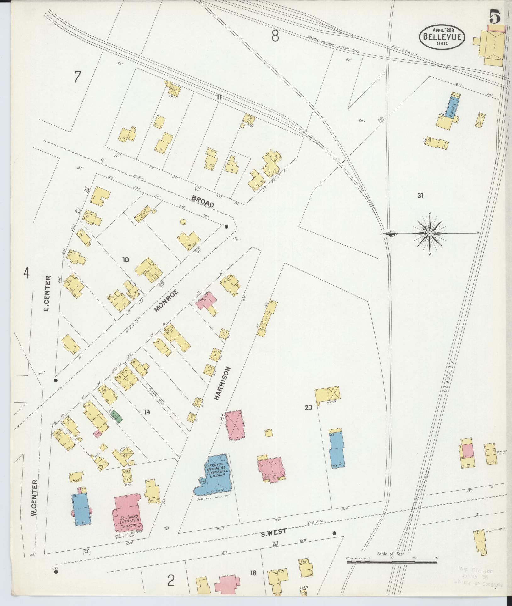 Sanborn Fire Insurance Map from Bellevue, Huron And Sandusky County, Ohio (1899), Sheet #0005 - Complete Map Set gallery image, historic Sanborn map, vintage wall art, Ohio Ohio