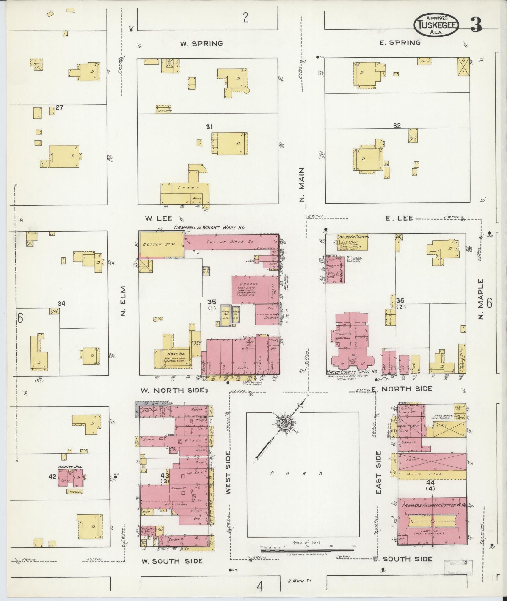Sanborn Fire Insurance Map from Tuskegee, Macon County, Alabama (1920), Sheet #0003 - Historic Sanborn Fire Insurance Map Print, vintage old map wall art, antique decor, genealogy gift, Alabama Alabama map