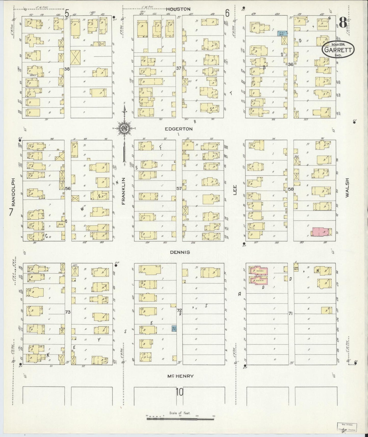 Sanborn Fire Insurance Map from Garrett, De Kalb County, Indiana (1914), Sheet #0008 - Historic Sanborn Fire Insurance Map Print, vintage old map wall art, antique decor, genealogy gift, Indiana Indiana map