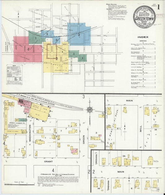 Sanborn Fire Insurance Map from Greentown, Howard County, Indiana (1909), Sheet #0001 - Historic Sanborn Fire Insurance Map Print, vintage old map wall art, antique decor, genealogy gift, Indiana Indiana map