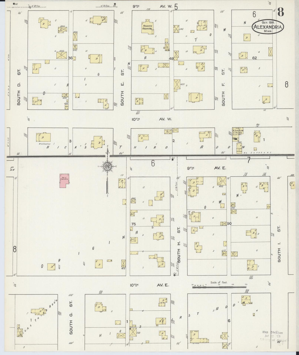 Sanborn Fire Insurance Map from Alexandria, Douglas County, Minnesota (1914), Sheet #0008 - Historic Sanborn Fire Insurance Map Print, vintage old map wall art, antique decor, genealogy gift, Minnesota Minnesota map