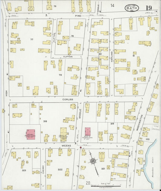 Sanborn Fire Insurance Map from Bath, Sagadahoc County, Maine (1919), Sheet #0019 - Historic Sanborn Fire Insurance Map Print, vintage old map wall art, antique decor, genealogy gift, Maine Maine map