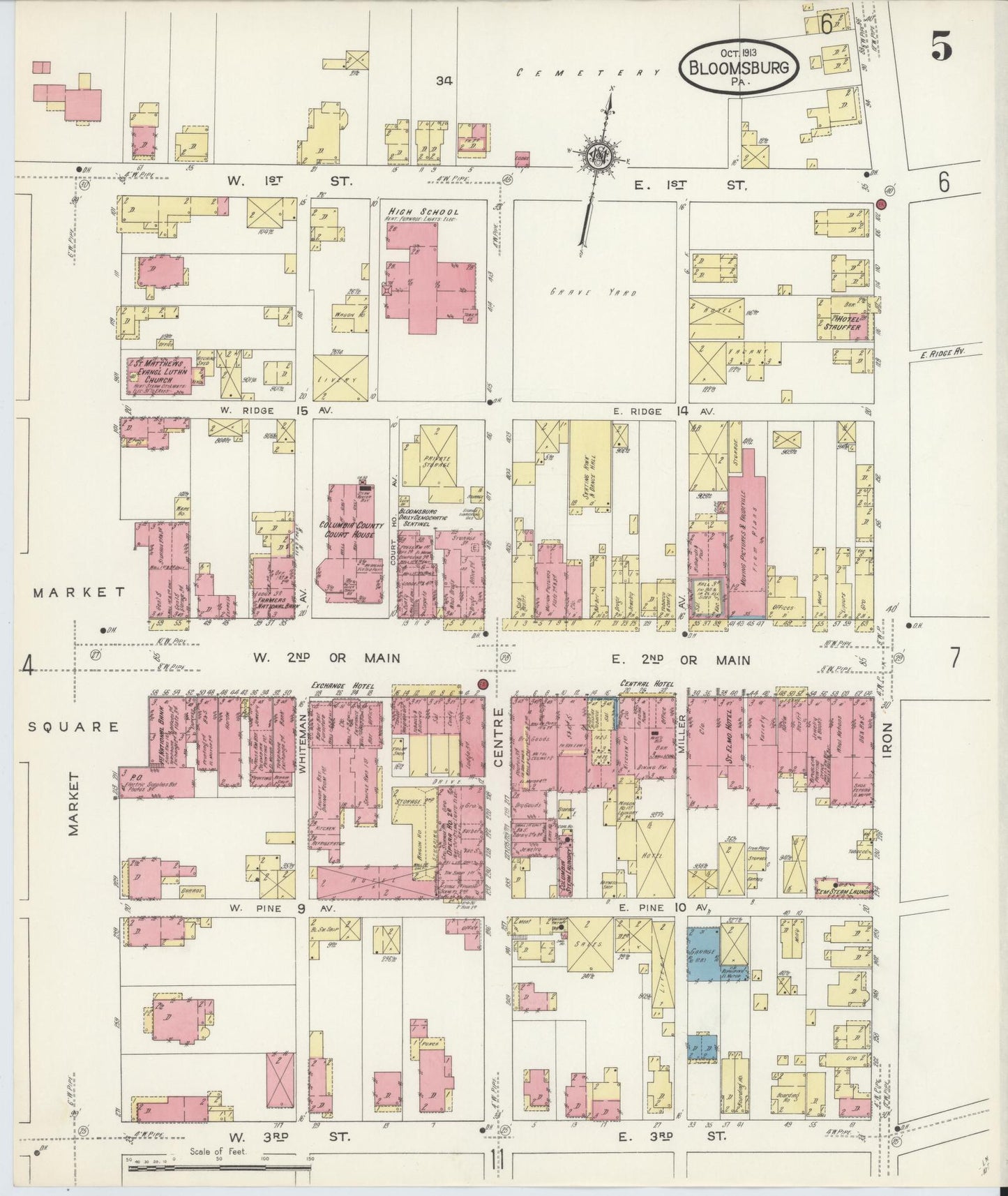Sanborn Fire Insurance Map from Bloomsburg, Columbia County, Pennsylvania (1913), Sheet #0005 - Historic Sanborn Fire Insurance Map Print, vintage old map wall art, antique decor, genealogy gift, Pennsylvania Pennsylvania map
