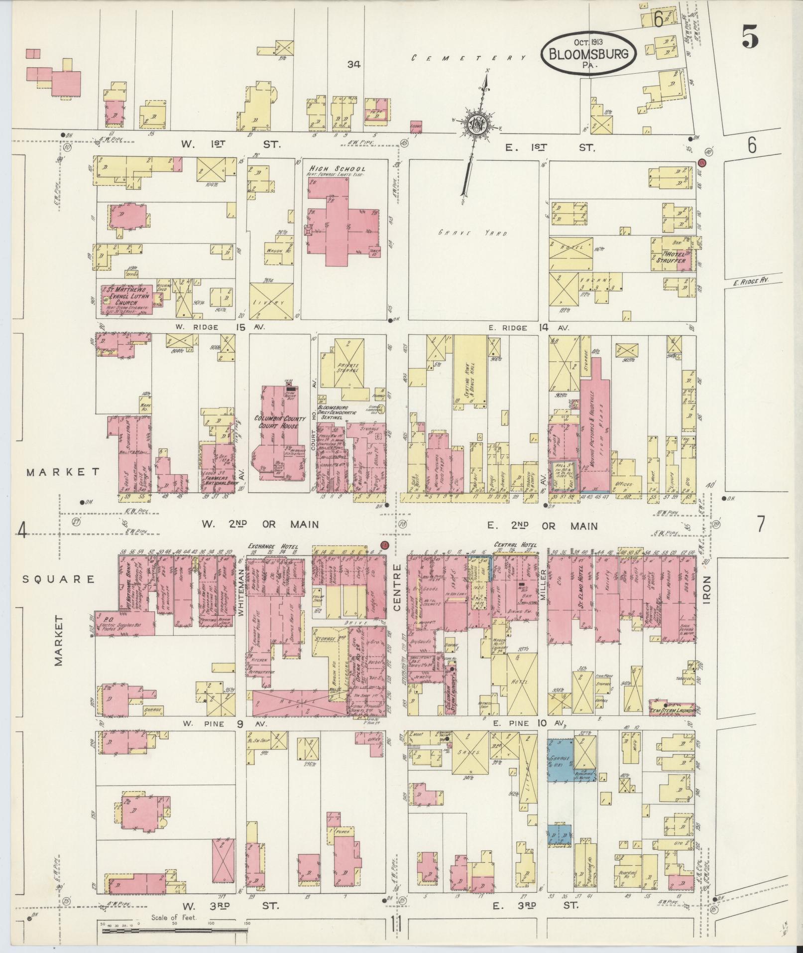 Sanborn Fire Insurance Map from Bloomsburg, Columbia County, Pennsylvania (1913), Sheet #0005 - Historic Sanborn Fire Insurance Map Print, vintage old map wall art, antique decor, genealogy gift, Pennsylvania Pennsylvania map