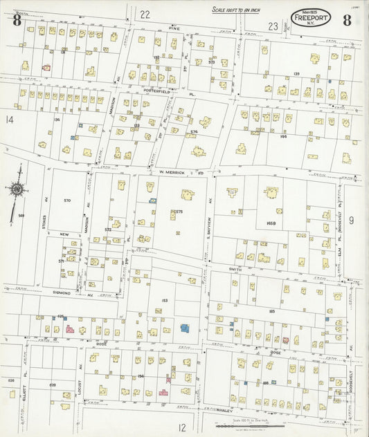 Sanborn Fire Insurance Map from Freeport, Nassau County, New York (1925), Sheet #0008 - Historic Sanborn Fire Insurance Map Print, vintage old map wall art, antique decor, genealogy gift, New York New York map