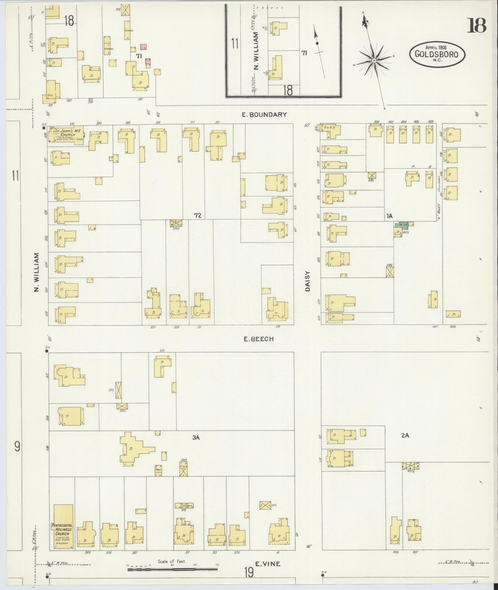 Sanborn Fire Insurance Map from Goldsboro, Wayne County, North Carolina (1908), Sheet #0018 - Complete Map Set gallery image, historic Sanborn map, vintage wall art, North Carolina North Carolina