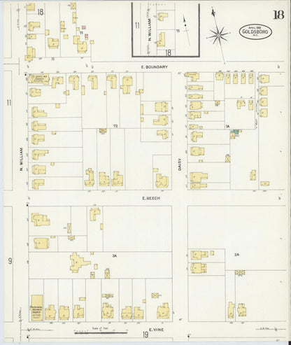 Sanborn Fire Insurance Map from Goldsboro, Wayne County, North Carolina (1908), Sheet #0018 - Complete Map Set gallery image, historic Sanborn map, vintage wall art, North Carolina North Carolina