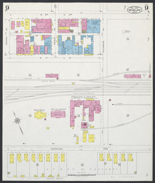 Sanborn Fire Insurance Map from Winslow, Navajo County, Arizona (1927), Sheet #0009 - Historic Sanborn Fire Insurance Map Print, vintage old map wall art, antique decor, genealogy gift, Arizona Arizona map