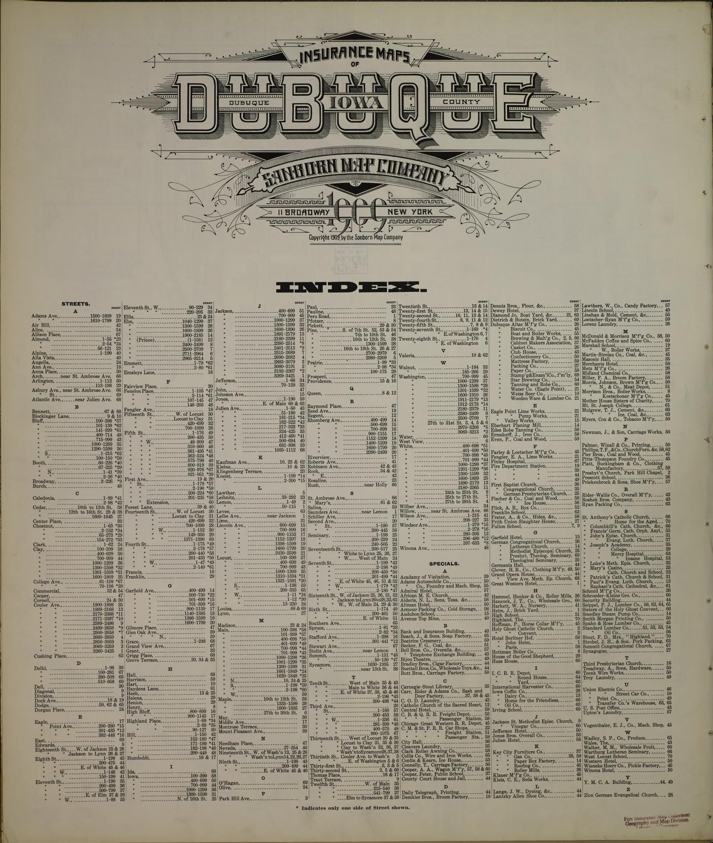 Sanborn Fire Insurance Map from Dubuque, Dubuque County, Iowa (1909), Sheet #0001 - Historic Sanborn Fire Insurance Map Print, vintage old map wall art