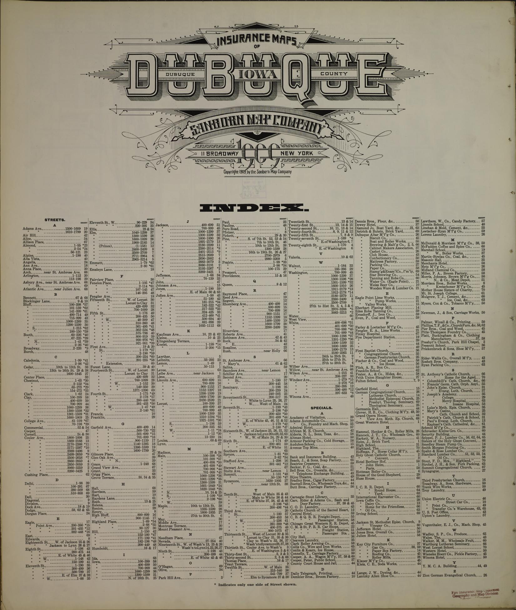 Sanborn Fire Insurance Map from Dubuque, Dubuque County, Iowa (1909), Sheet #0001 - Historic Sanborn Fire Insurance Map Print, vintage old map wall art