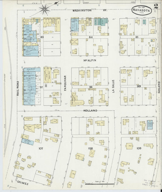 Sanborn Fire Insurance Map from Navasota, Grimes County, Texas (1891), Sheet #0002 - Historic Sanborn Fire Insurance Map Print, vintage old map wall art, antique decor, genealogy gift, Texas Texas map