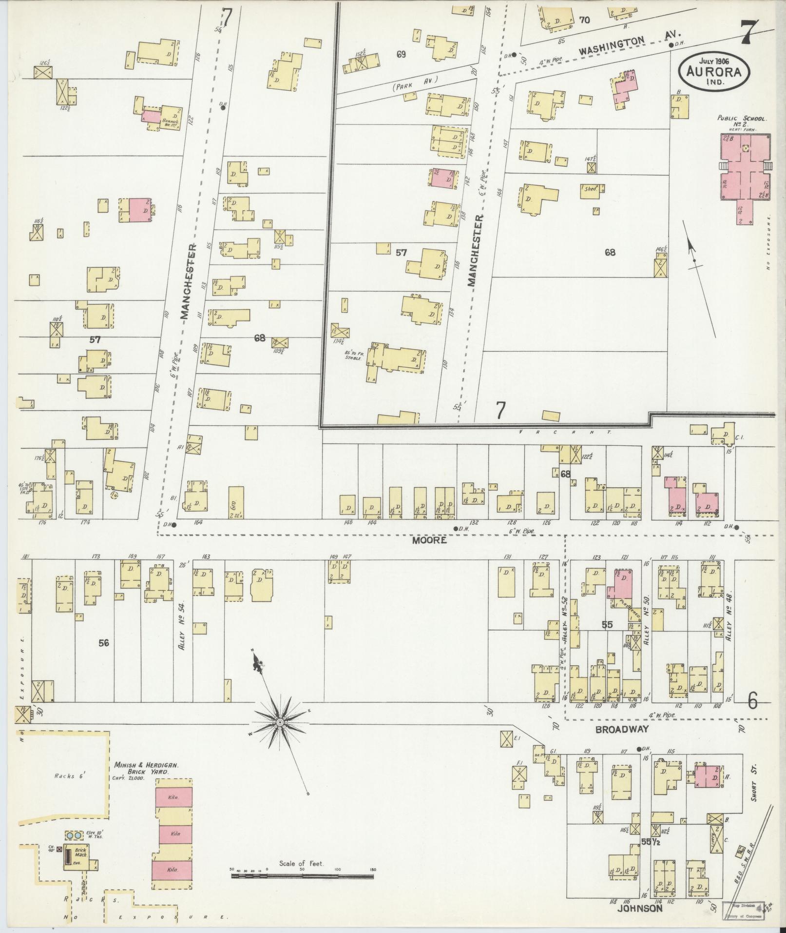 Sanborn Fire Insurance Map from Aurora, Dearborn County, Indiana (1906), Sheet #0007 - Historic Sanborn Fire Insurance Map Print, vintage old map wall art, antique decor, genealogy gift, Indiana Indiana map