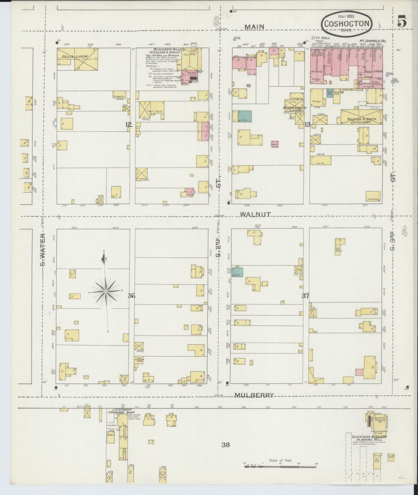 Sanborn Fire Insurance Map from Coshocton, Coshocton County, Ohio (1893), Sheet #0005 - Historic Sanborn Fire Insurance Map Print, vintage old map wall art, antique decor, genealogy gift, Ohio Ohio map