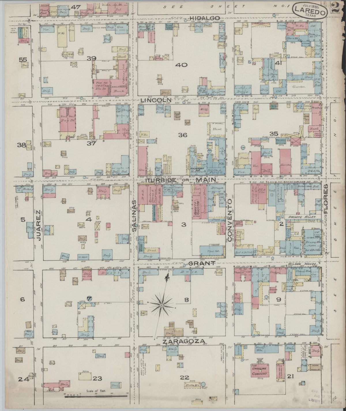 Sanborn Fire Insurance Map from Laredo, Webb County, Texas (1885), Sheet #0002 - Complete Map Set gallery image, historic Sanborn map, vintage wall art, Texas Texas